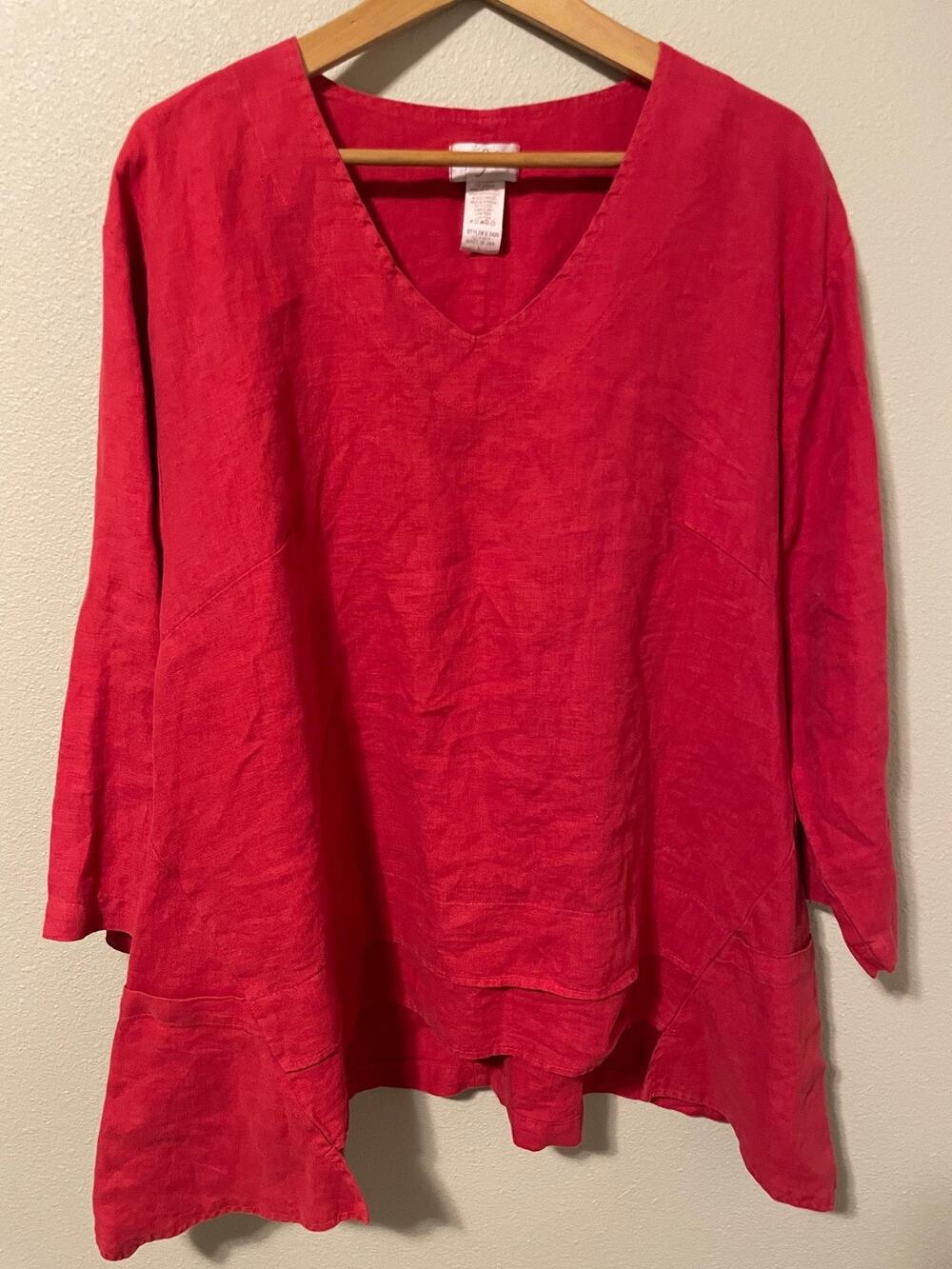 Vintage Mosaic Tunic Top Womens Large Red Linen V Neck Relaxed Lagenlook Boho